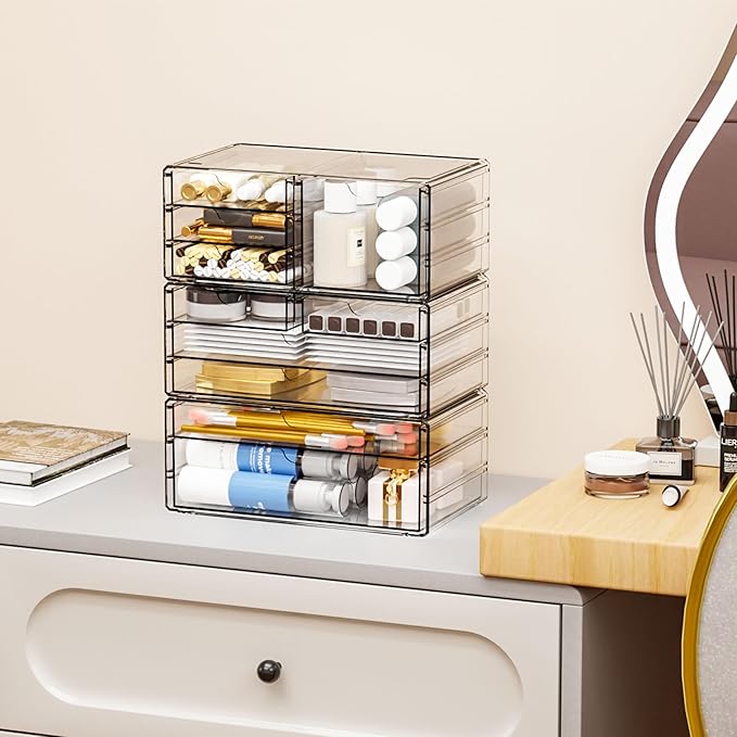 Yieach 3 Pack Clear Storage Drawers With 10 Drawers,Stackable 11.1” Large Acrylic Drawer Organizer and Makeup Organizer For Vanity,Bathroom Countertop,Cabinet,Pantry,Office Supply Storage Bins Drawers