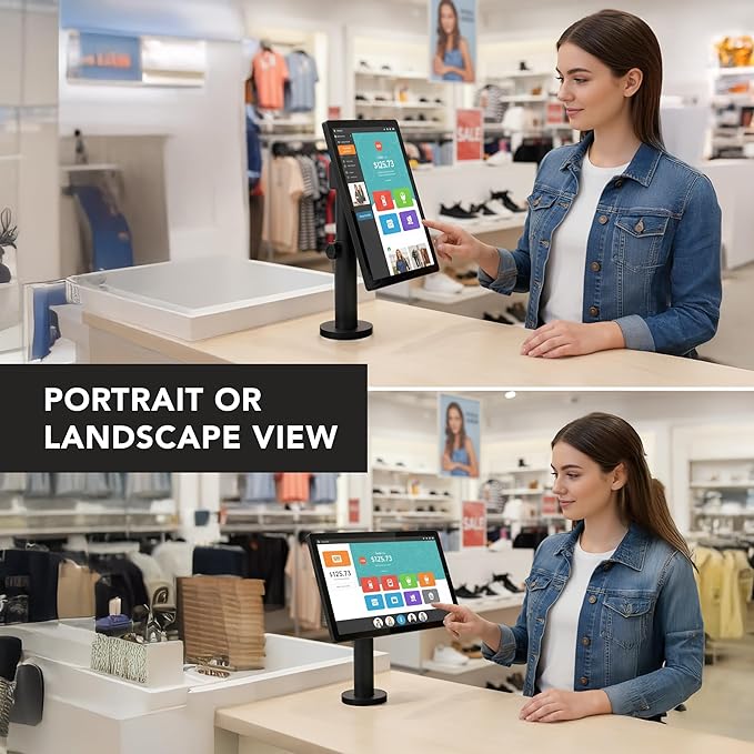 Mount-It! POS Monitor Stand, Adjustable Desktop VESA Mount for 13–32 Inch Screens, Height Adjustable Full Motion Swivel Tilt Rotation, Freestanding or Bolt-Down Base for Retail, Kiosks, Checkout
