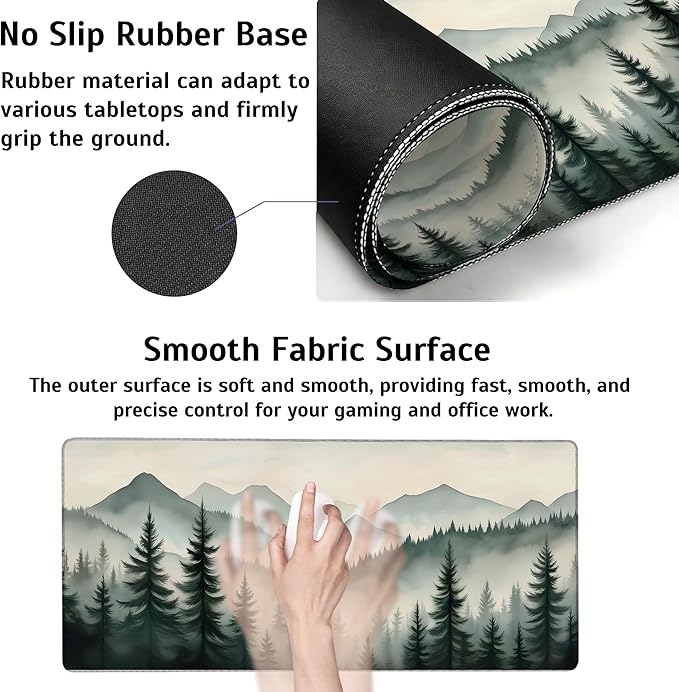 Large Gaming Mouse Pad Mountain Landscape with Mist and Trees Desk Mat,Non-Slip Rubber Base Stitched Edges,Extended Mousepad for PC,Laptop,Office,Home Decor(31.5 x 11.8 Inch)
