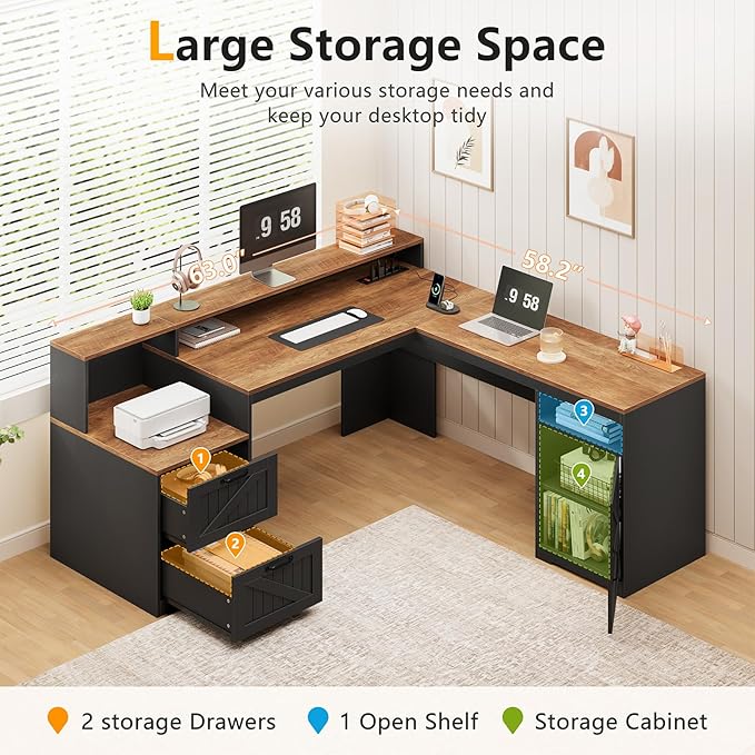 YOMILUVE 63" Farmhouse L Shaped Executive Desk with Drawers & Storage Shelf, Corner Computer Desk with Power Outlets, L Shaped Office Desk with Monitor Stand, Printer Shelf, Brown and Black