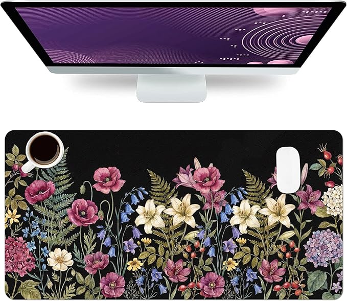 Cute Desk Mat, Black Floral Plants Large Mouse Pad for Desktop, PU Leather Waterproof Desk Pad, Anti-Slip Computer PC Laptop Protector Gaming Mouse Pads for Office Home Decorations (23.6" x 11.8")