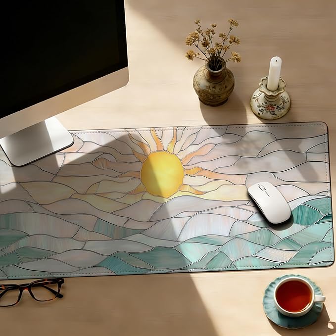 Abstract Serene Ocean Sunrise Mouse Pad,35.4 x 15.7 Inch Large Mouse Mat Non-Slip Rubber Stitched Edges for Writing Desk,Office,Home,Laptop
