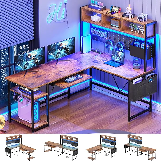 SEDETA L Shaped Gaming Desk with Hutch, 57.5” Reversible Corner Computer Desk with Storage Shelves, Gaming Desk with Pegboard, LED Lights, Power Outlet, Keyboard Tray (Rustic Brown)