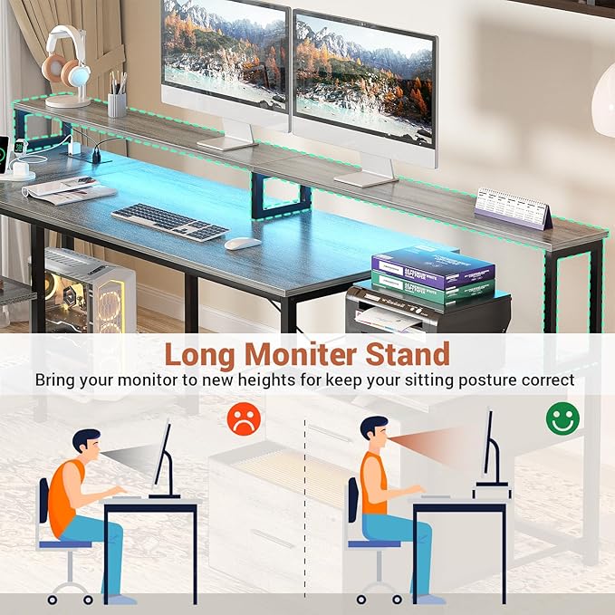 Aheaplus L Shaped Desk with Power Outlet, Reversible L Shaped Computer Desk with File Drawer & Monitor Stand, Gaming Desks with LED Strip, Home Office Desks with Storage Shelf,1White Oak