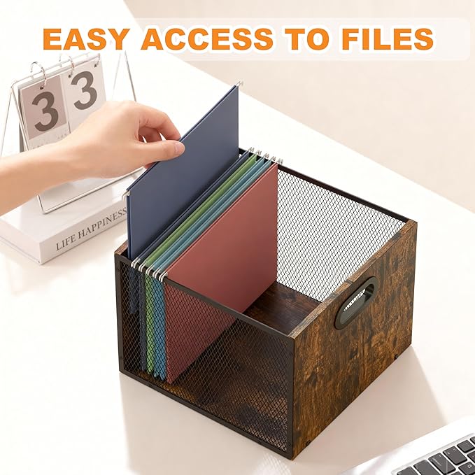 Piskyet 2Pcs Wooden Hanging File Organizer for desk, Metal Mesh File Folder Organizer Crate Cabinet Storage Box with Handle for Home Office Desk,Letter - Size,Rustic Brown