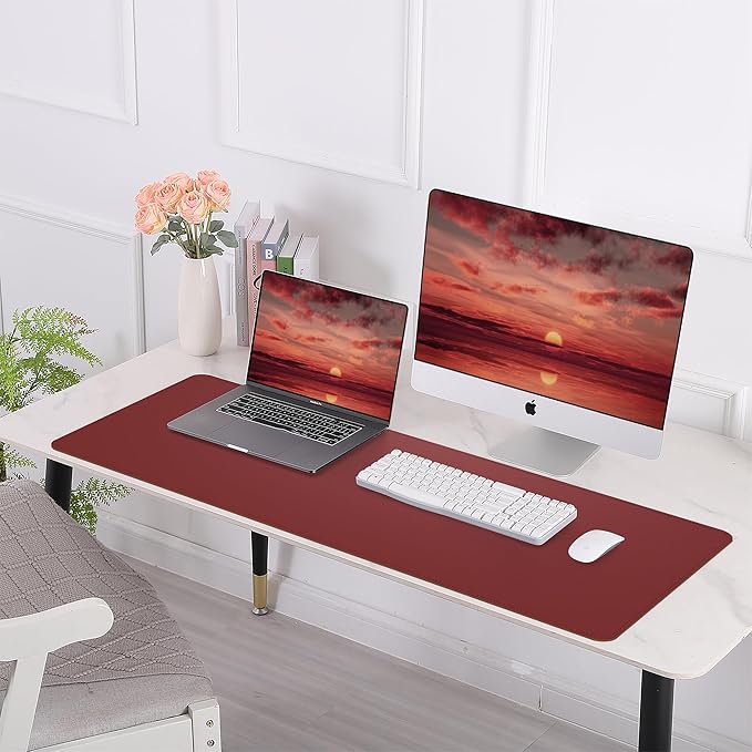 AFIING Cork Desk Mat 47" x 17", Dual-Sided Natural Cork & PU Leather Desk Pad, Non-Slip Waterproof Large Mouse Pad for Office, Home & Gaming (Red)