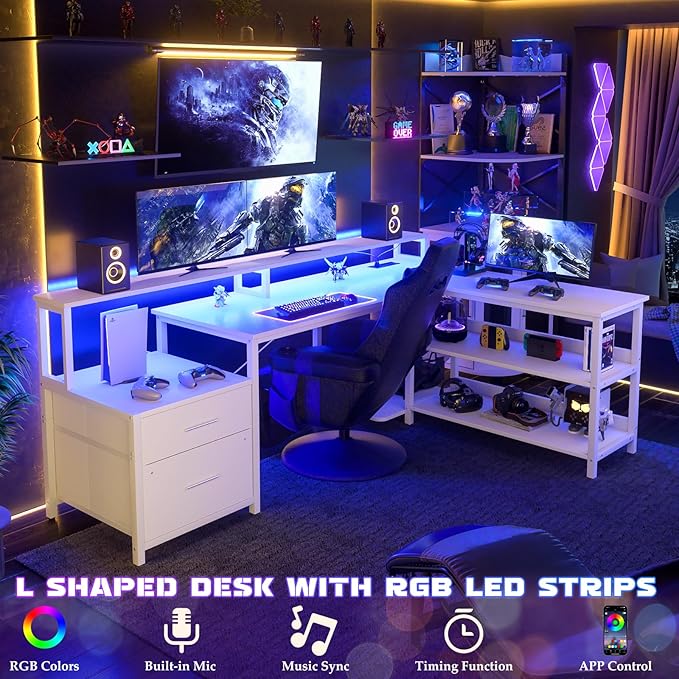 Aheaplus L Shaped Desk with Power Outlet, Reversible L Shaped Computer Desk with File Drawer & Monitor Stand, Gaming Desks with LED Strip, Home Office Desk with Storage Shelf, White