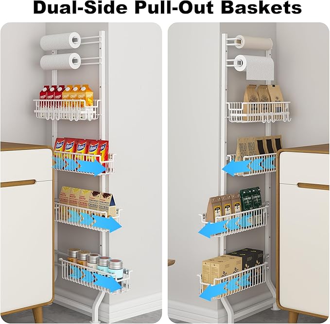 BUKFEN 6-Tier Slim Corner Shelf, Spice Rack Next to Fridge Slim, Narrow Storage Cabinet Organizer for Kitchen,Bathroom，White