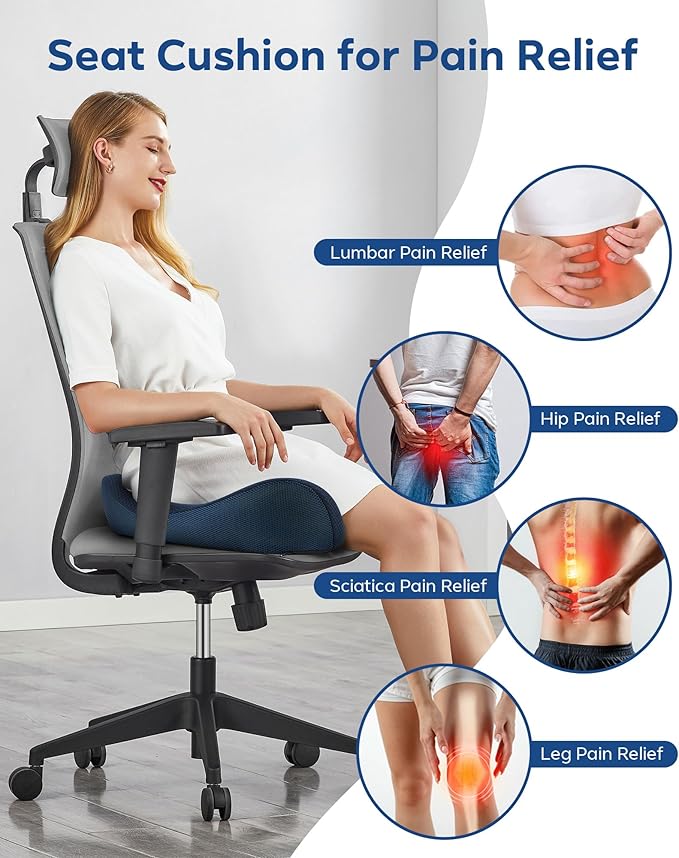 Feagar Seat Cushion for Office Chair - Memory Foam Tailbone Cushion for Desk Chair, Car Seat and Wheelchair - Ergonomic Chair Pad for Hip and Lower Back Comfort - Washable Mesh Cover Blue