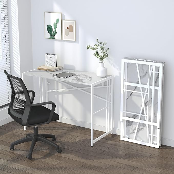 Lutown-Teen Folding Computer Desk 40 inch Writing Gaming Computer Camping Desk, No Assembly Required Home Office Table, White Marble
