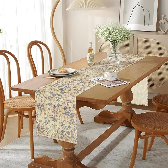 Boho Floral Cream Table Runner,Vintage Elegant Farmhouse Table Center Linen Decor,Country Rustic Farmhouse Magical Fall Kitchen Dining Table Decoration for Home Dining Party Decor 13x48 Inch