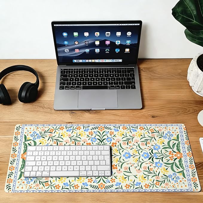 Green Floral Mouse Pad,35.4 x 15.7 Inch Large Mouse Mat Non-Slip Rubber Stitched Edges for Writing Desk,Office,Home,Laptop