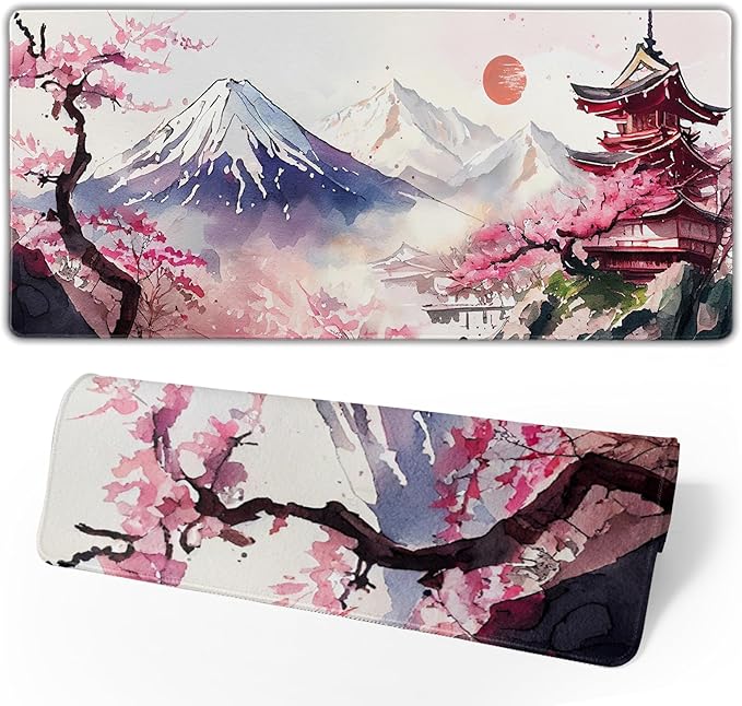 Japanese Cherry Blossom White Gaming Mouse Pad XXL Extended Large Mouse Mat Desk Pad Nonslip Rubber Base Long Computer Keyboard Desk Mat for Gaming Laptop Desktop 35.4 x 15.7 Inch