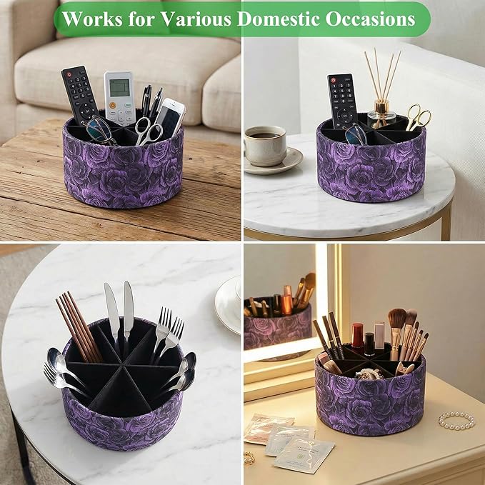 Remote Control Holder, 360°Spinning PU Leather Desk TV Remote Caddy,Desk Storage Box Room Accessories for Controller, Media,Mail,Calculator, Mobile Phone,Pencil(1-B3D Purple)