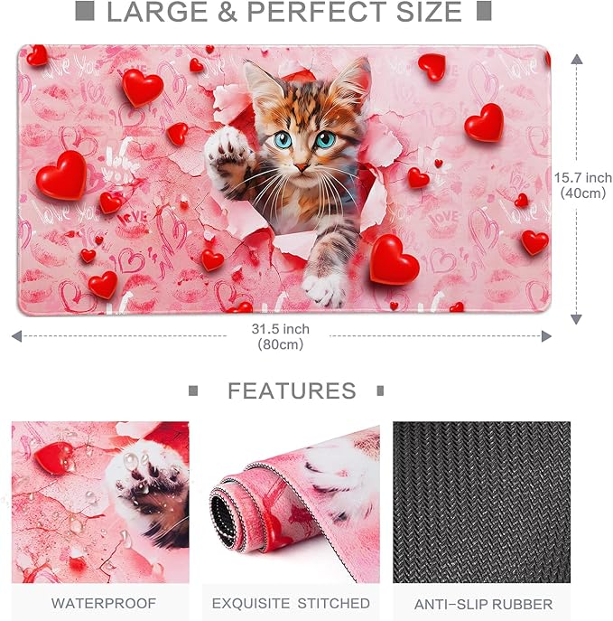 Lokigo Large Mouse Pad, Cute Pink Desk Mat for Desktop, Women Girls Waterproof Desk Mouse Pad, Love Cat Computer PC Laptop Protector Writing Pads for School Office Home 31.5" x 15.7"