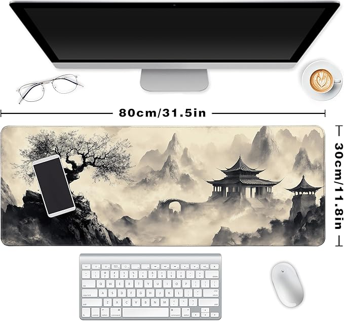 Long Gaming Mouse Pad Extended Anime Large Desk Pad with Non-Slip Base Full Keyboard Mat with Stitched Edges for Gaming and Office 31.5 x 11.8 inches (Black Ink Painting)