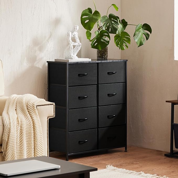 Sweetcrispy Dresser, Dresser for Bedroom Drawer Organizer Storage Drawers, Fabric Storage Tower with 8 Drawers, Chest of Drawers with Steel Frame, Wood Top for Living Room, Closet,Black