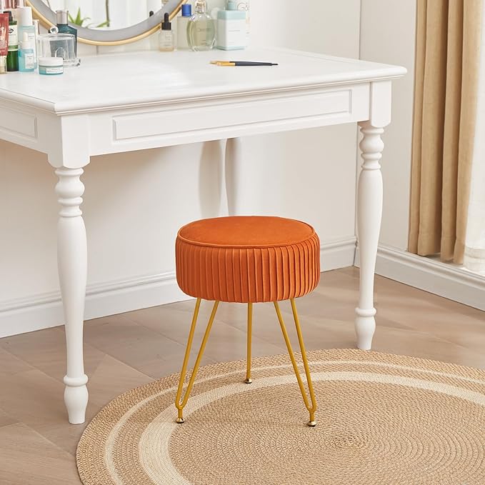 Velvet Vanity Stool, Modern Ottoman Foot Rest Stool with Adjustable Golden Legs, Makeup Chair for Vanity, Multifunctional Small Vanity Chair for Bedroom, Orange
