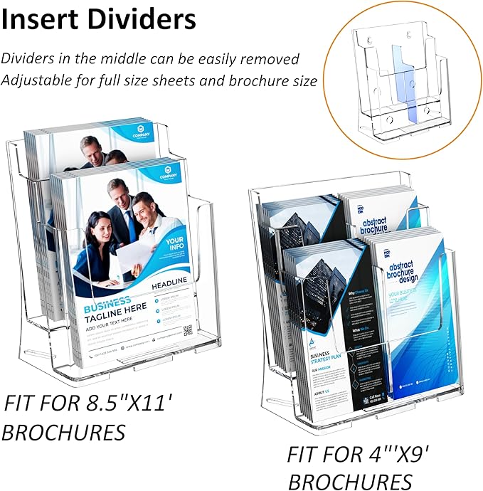 FUCDTEFC Acrylic Brochure Holder 8.5x11 & 4 x9 Inches, Clear 2 Tier Literature Magazine Stand Brochure Display Stand w Removable Divider Universal, Pamphlet Flyer Holder for Wall Mount or Countertop