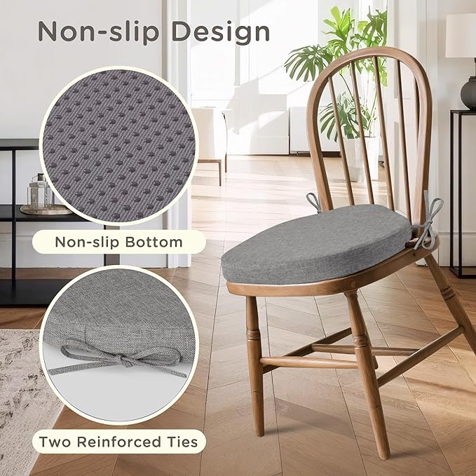Windsor Chair Cushions for Dining Chairs 4 Pack Non Slip Kitchen Seat Cushion with Ties and Washable Covers Indoor Comfortable Seat Pad with Thick Foam 16.5" x 15.5" x 2" Light Grey