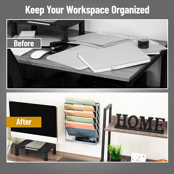 Mind Reader 5-Tier Vertical File Storage, Desktop Organizer, Wall Mount, Office, Plastic, 13"L x 4.25"W x 16"H, Gray