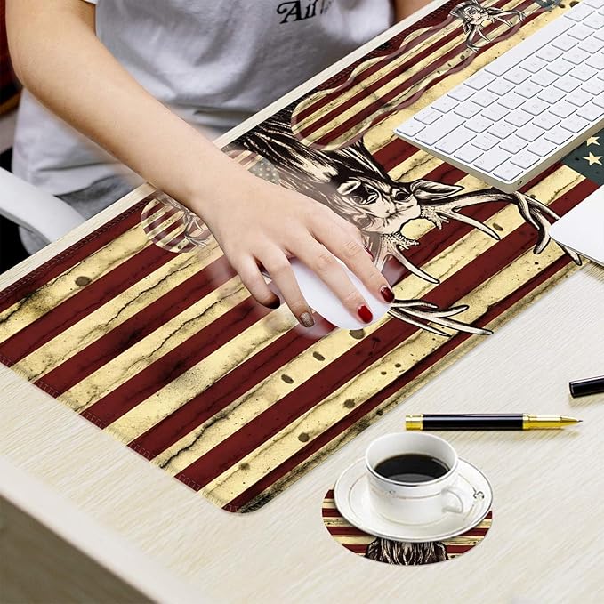 Ergonomic Mouse Pad Set with Wrist Support for Keyboard and Wrist Rest for Mouse, Memory Foam Comfort, Non-Slip Large Desk Mat for Home Office Pain Relief,Camo Deer American Flag Design