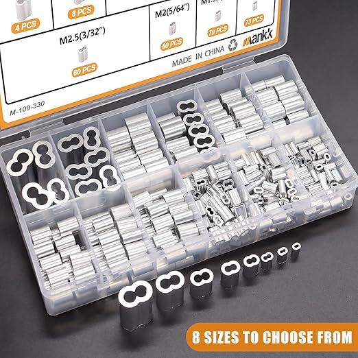 mankk 330Pcs Aluminum Crimping Loop Sleeve 8 Sizes (3/64'' 1/16'' 5/64'' 3/32'' 1/8'' 5/32'' 3/16'' 1/4'') Wire Rope Sleeves Double Cable Ferrules Kit M-109-330PCS