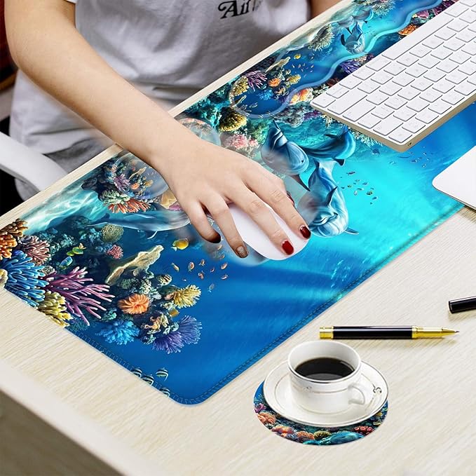 Ergonomic Mouse Pad Set with Wrist Support for Keyboard and Wrist Rest for Mouse, Memory Foam Comfort, Non-Slip Large Desk Mat for Home Office Pain Relief,Dolphin Blue Sea Floor