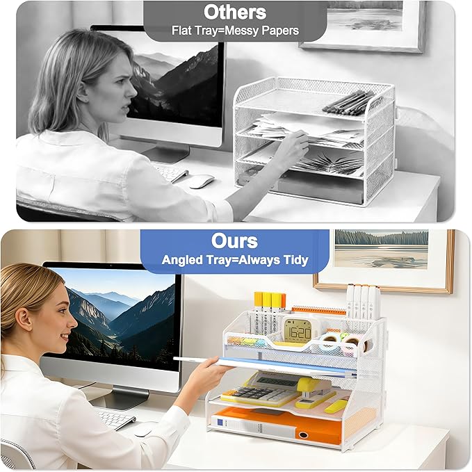 4 Tier Desk Orgnizers and Accessories, Metal Magazine File Holder with Pencil Holder and Handles, Space Saving Desktop Storage for School Office Supplies(White)
