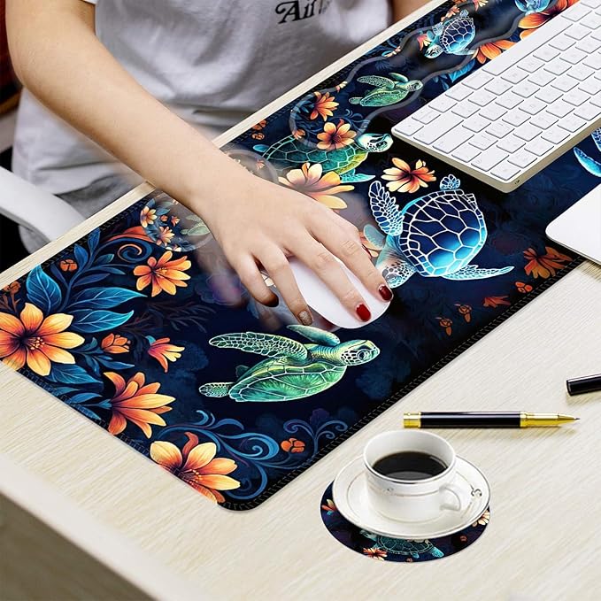 Ergonomic Mouse Pad Set with Wrist Support for Keyboard and Wrist Rest for Mouse, Memory Foam Comfort, Non-Slip Large Desk Mat for Home Office Pain Relief,Sea Turtle with Flower