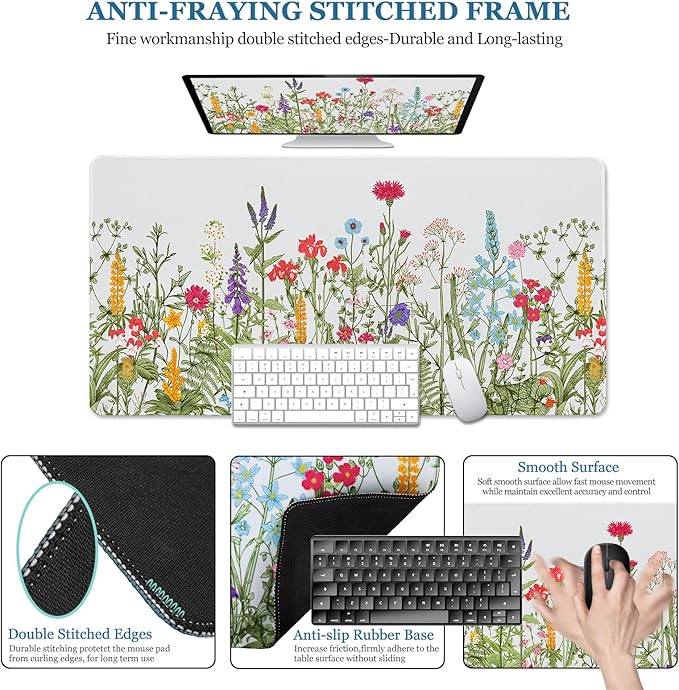 Desk Pad Botanical Floral, Desk Mat for Desktop, Sage Green Spring Flowers XXL Large Gaming Mouse Pad Non-Slip Rubber Base Stitched Edges Waterproof Keyboard mat for PC/Laptop/Computer/Work/Office