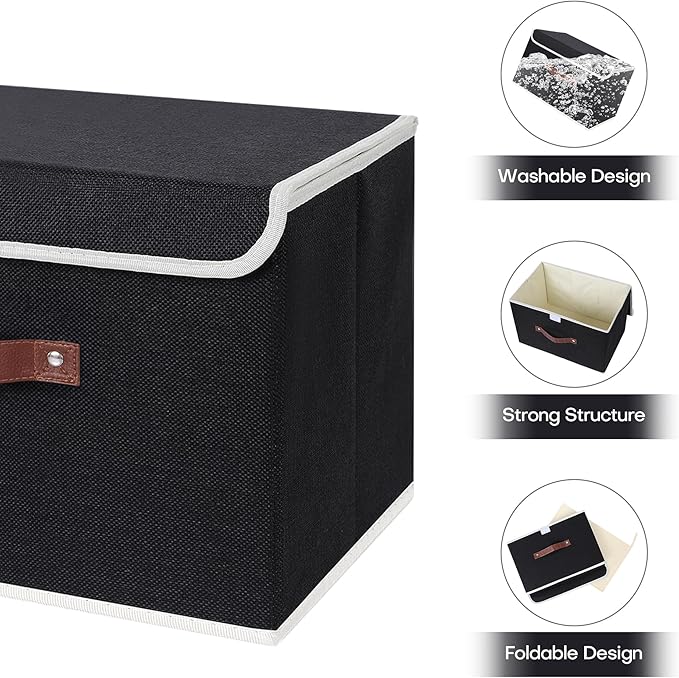 ANMINY 2PCS Storage Bin with Lid Storage Boxes with PU Leather Handles PP Plastic Board Decorative Foldable Lidded Cotton Linen Fabric Home Cubes Baskets Closet Organizer Container - Black, Medium