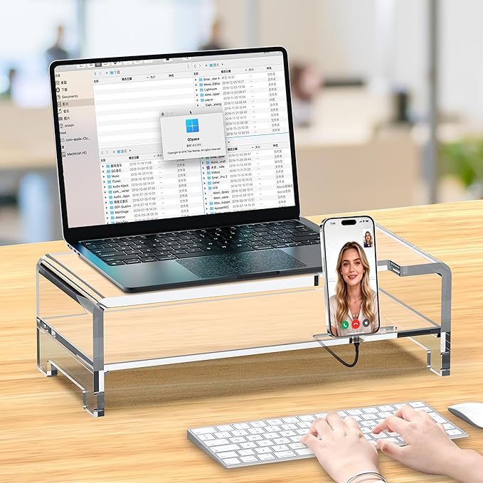 Acrylic Monitor Stand Riser 16'' 2-Tier Acrylic Laptop Stand Clear Computer Stand Laptop Riser with Storage Desk Organizer Accessories for Home and Office