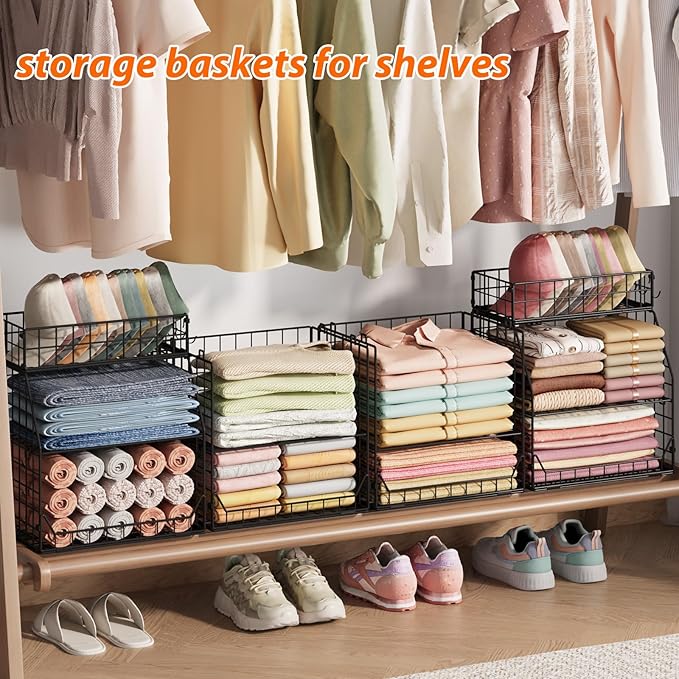Jakyitvi 5-Tier Stackable Closet Organizers and Storage with Small Basket for Hats,Closet Storage Basket with Adjustable Dividers and 4 hooks,Clothes Shelf Bins for Closet Organizer System,Black