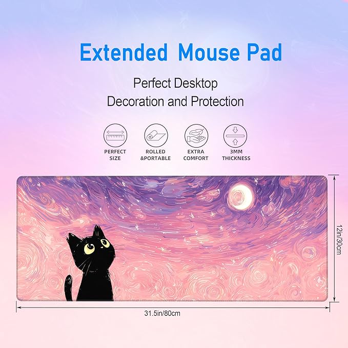 Starry Night Cat Cute Mouse Pad,Large Pink Gaming Mousepad,Extende Dreamy Anime Washable Keyboard Desk Mat,Kawaii Stitch Mousemat for Women Girls,31.5 x 12in