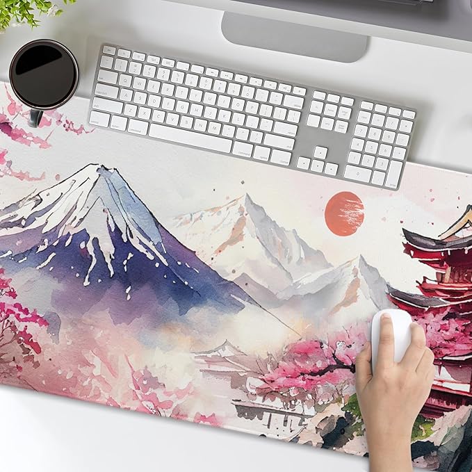 Japanese Cherry Blossom White Gaming Mouse Pad XXL Extended Large Mouse Mat Desk Pad Nonslip Rubber Base Long Computer Keyboard Desk Mat for Gaming Laptop Desktop 35.4 x 15.7 Inch