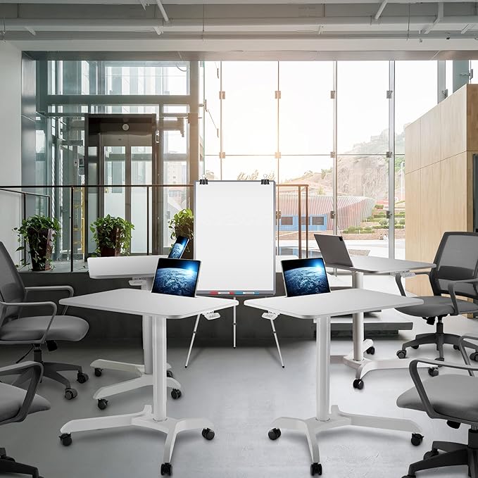 AVLT 44-inch Ambidextrous Pneumatic Laptop Standing Desk Cart (3 ft 8 in), Mobile Rolling Desk with Adjustable Height, Folding Computer & Projector Cart, White Cart with Brakes
