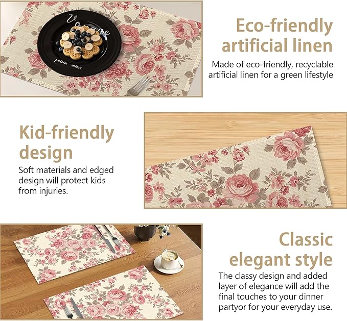 Floral Pink Flowers and Leaves Table Placemats Set of 6, Linen Placemats 12x18 Inch, Washable Non Slip Heat Resistant Mats for Dining Table Kitchen Indoor Use