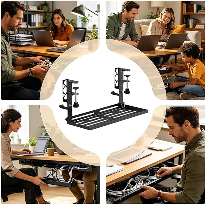 Cable Management Tray - No Drill 15.63 Inch Clamp Mount - Under Desk Cord Organizer,for Bedroom Home Apartment Dormitory Office Internet Cafe