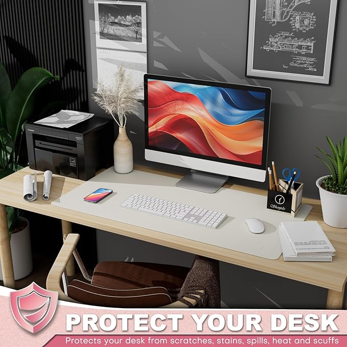 K KNODEL Leather Desk Pad Protector, Office Desk Mat, Large PVC Leather Desk Blotter, Non-Slip Mouse Pad (White, 15.7" x 31.5")