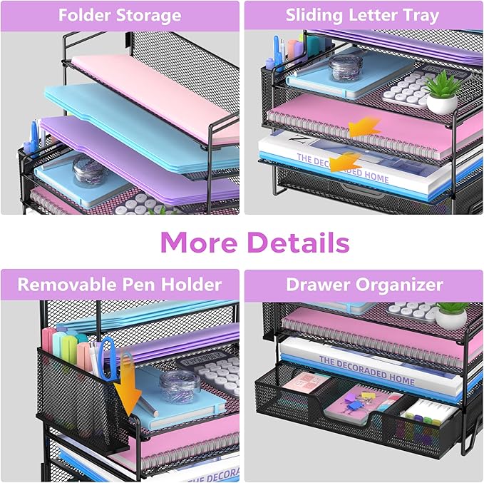 SUPEASY 7 Tier Desk Organizer with Drawer & Pen Holder, Heavy Duty Metal Letter Tray Paper File Organizer for Home Office School Classroom, Black
