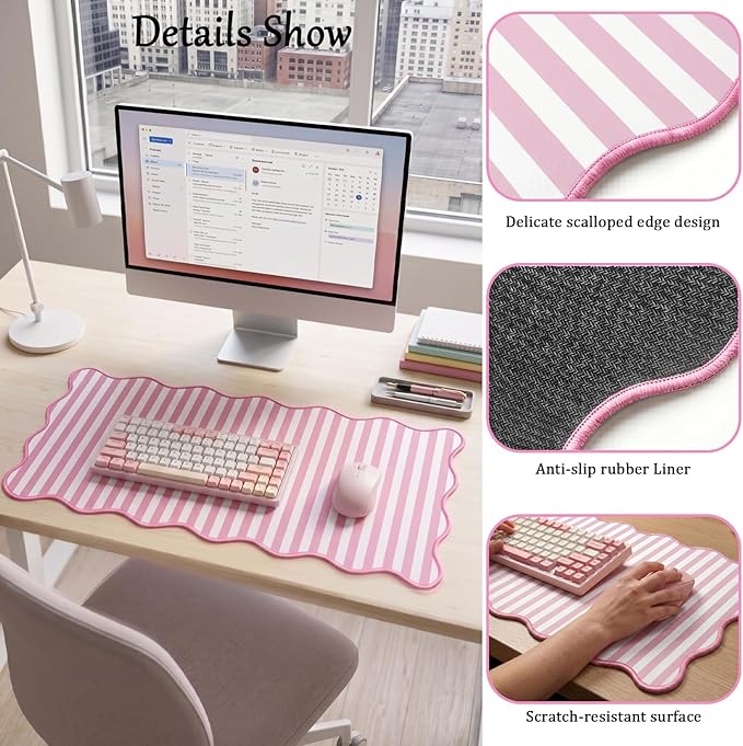 Scalloped Desk Mat Extended Large Cute Striped Mouse Pad Big Desk Pad XXL Aesthetic Stripe Mousepad Gaming Mouse Pad for Keyboard Computer Laptop Home Office Accessories 35.4X15.7Inches Pink White