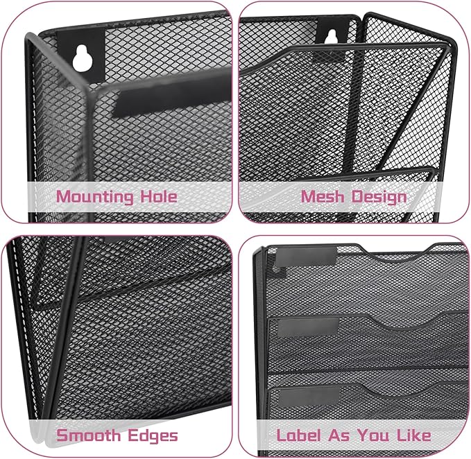 5 Pockets Mesh Wall File Holder Organizer Office Hanging File Folder Magazine Rack, Nametag Label Hooks Set Included (Black)