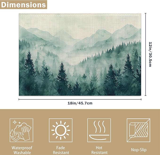 Watercolor Forest Landscape Linen Placemats Set of 6, Decorative Table Mats 12x18 Inch, Washable Heat Resistant Placemats for Dining Table Kitchen Home Decor
