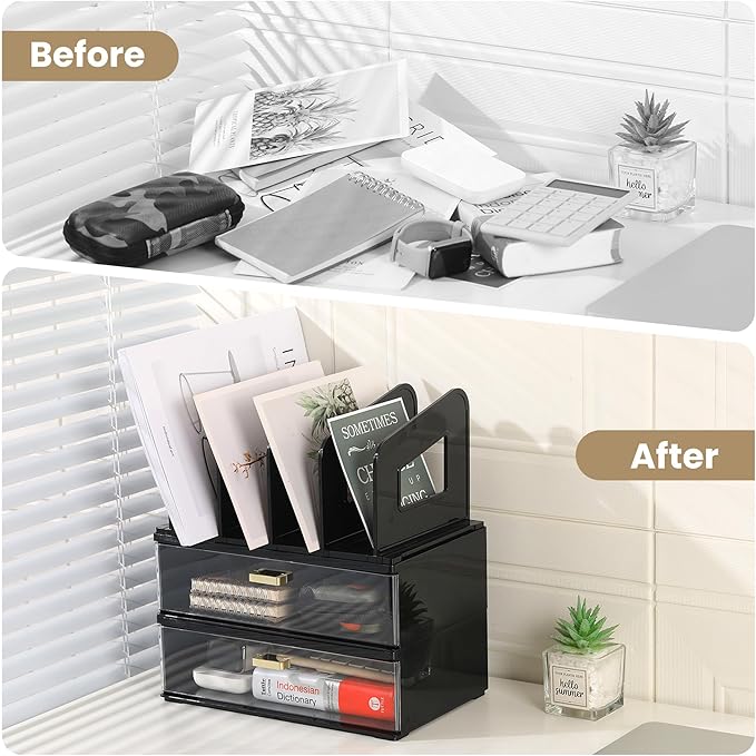 LALOBLUE Acrylic Desk Organizer with Drawer and Vertical File Holder, Desk Organizers and Accessories, Multi-Functional Office Supplies Organizer for Home or Work Desk, Black