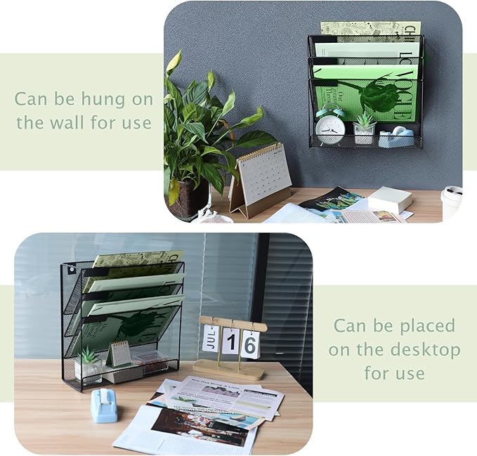 3 Pockets Mesh Wall File Holder Organizer with Bottom Flat Tray, Office Hanging File Folder Magazine Rack, Nametag Label Hooks Set Included, Black