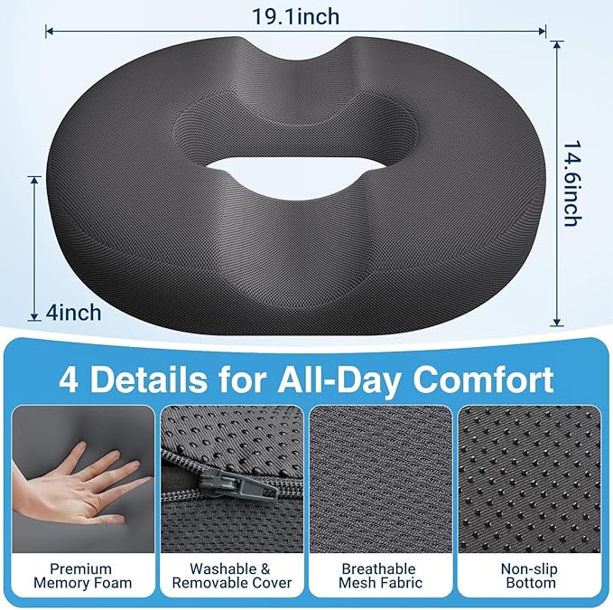 CushZone Donut Pillow for Postpartum Pregnancy - Large Ergonomic Chair Seat Cushions, Office Chair Cushion, Breathable Hemorrhoid Pillow, Lifting Chair Pads for Sitting, After Surgery(Grey, XXL)