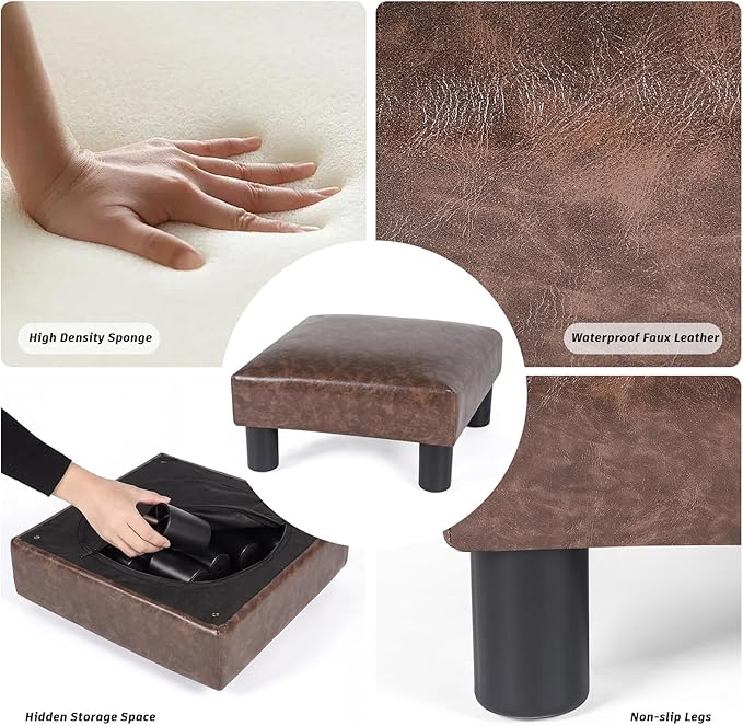 Joveco Small Footstool Ottoman Upholstered PU Leather Square Footrest Ottomans Small Foot Rest for Desk Couch Living Room Bedroom Office (Brown)