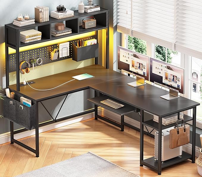 SEDETA L Shaped Gaming Desk with Hutch, 57.5” Reversible Corner Computer Desk with Storage Shelves, Gaming Desk with Pegboard, LED Lights, Power Outlet, Keyboard Tray and Storage Bag, Black