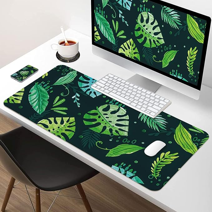 Green Desk Mat 31.5" x 15.7", Cute Plant Cool Desk Pad Keyboard Mat Large Mouse Pad Green Desk Mat Desk Decor with Stitched Edges Non-Slip Large Computer Matt 31.5" x 15.7", Greenery